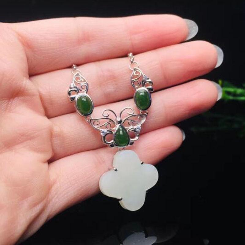 

Real 925 Silver White Green HeTian Jade Beads Polygon Shape Design Lucky Pendant + Chain Choker Necklace For Women Jewelry
