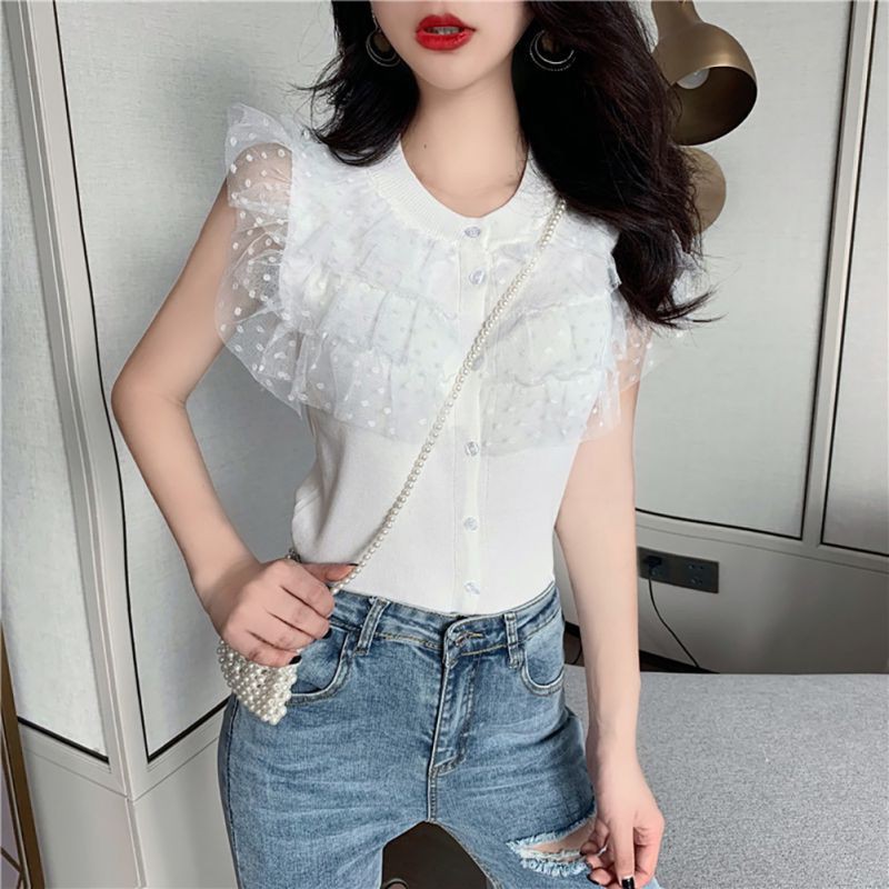 

New Ruffled Mesh Gauze Stitching Women T-Shirts Sleeveless Slim Stretch Lace Design Solid Print Casual Tops 2020, Pink