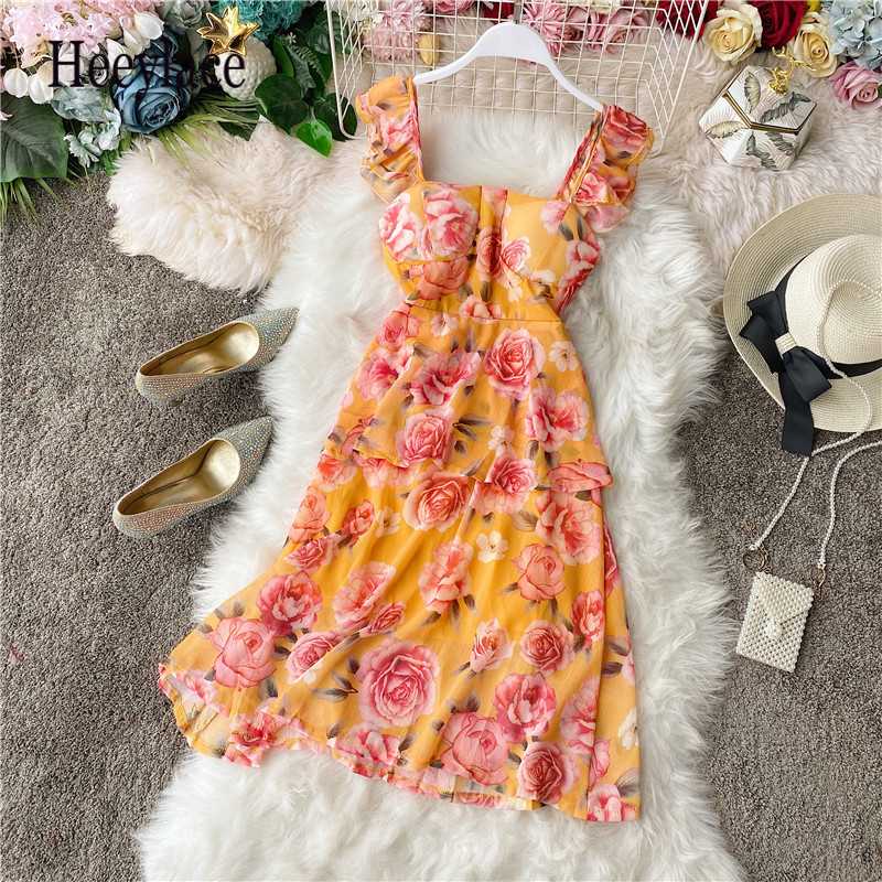 

Summer Sweet Beach Dress 2020 New Women Slim Square Collar Sexy Bodycon Dress Ladies Floral Ruffles Sleeve Pink Robe Vestidos