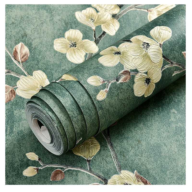 

Self-adhesive 3D Floral Wallpaper American Pastoral Wall Stickers Livingroom TV Background Renovation 53cm x 6m Dark Green