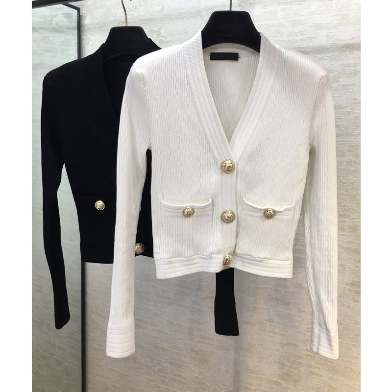 

4.11 2020 Spring Summer New Tailored V-neck long sleeve Metal Button Decoration Knitted Cardigan Coat, Beige