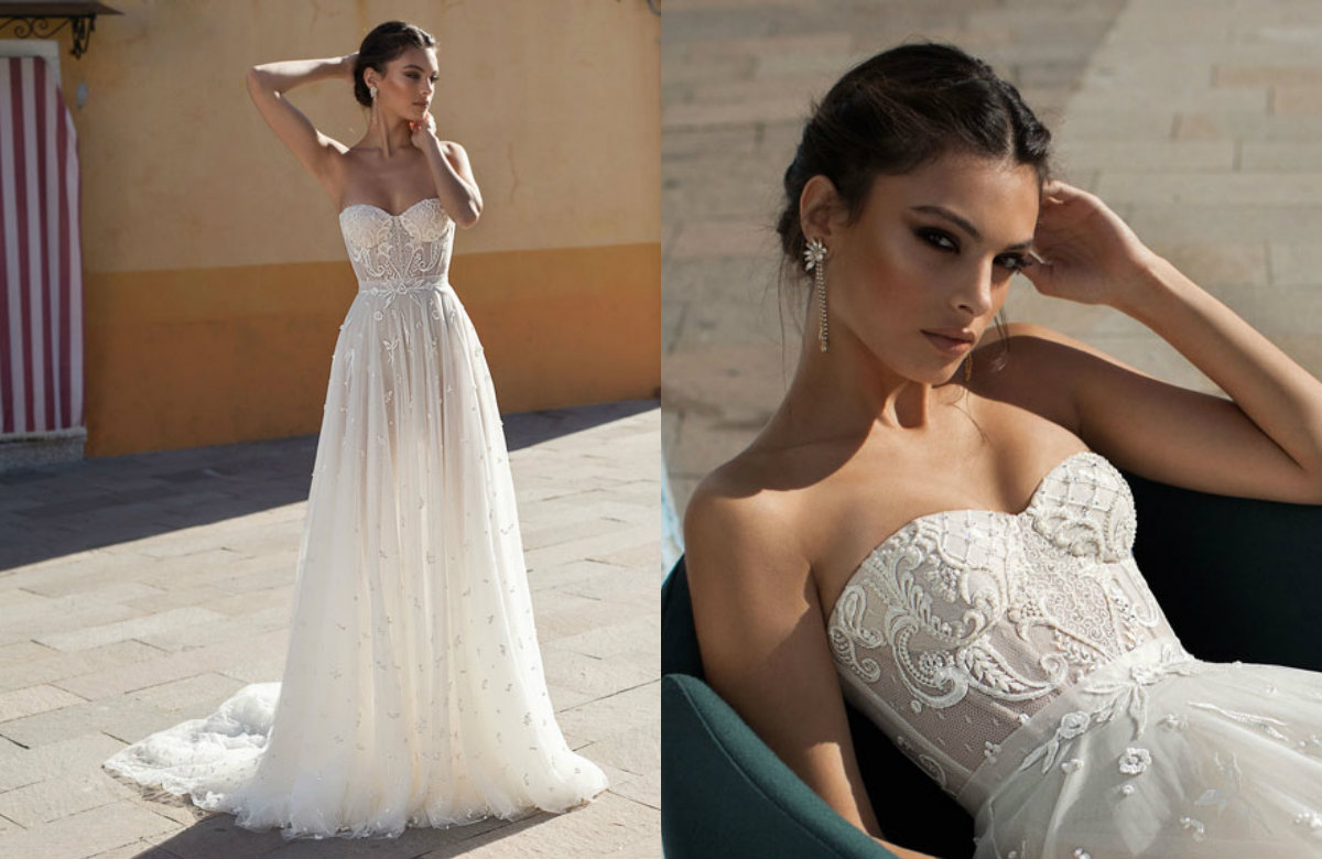 

Simple A Line Galikarten Wedding Dresses Srrapless Sleeveless Tulle Lace Applique Wedding Gowns Sweep Train robe de mariée, Brown