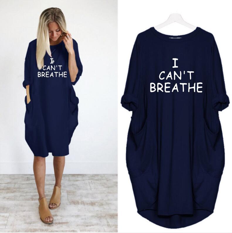 

I Cant Breathe Summer Women Letter Printed Dresses Fashion Crew Neck Panelled Ladies Dresses Casual Loose Long Sleeve Apparel 6 Colors, Blue