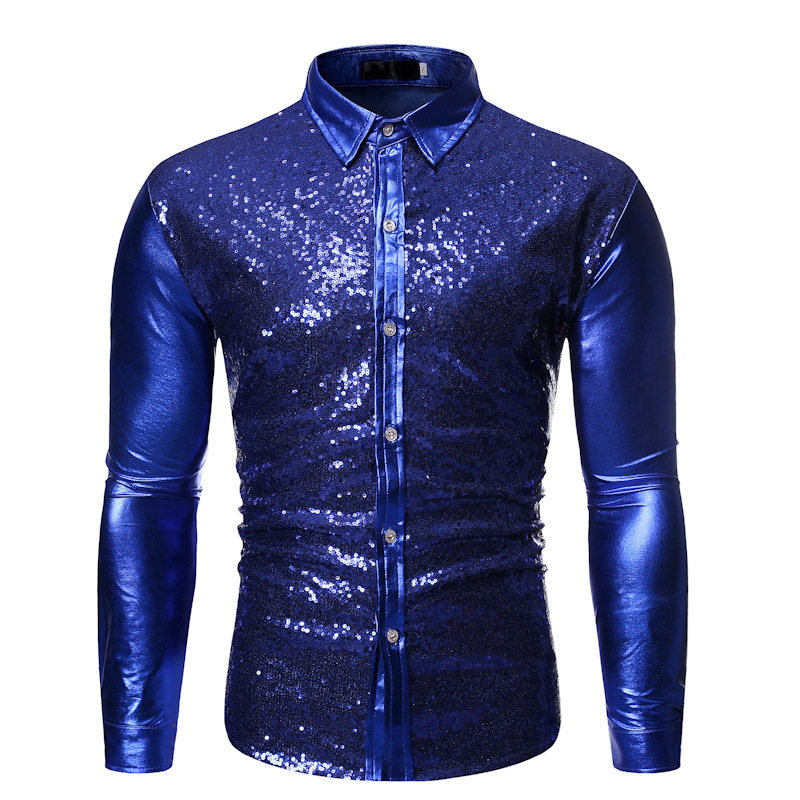 

Royal Blue Sequins Glitter Shirt Men 2019 Fashion Slim Fit Long Sleeve Mens Dress Shirts Disco Party Nightclub Social Shirt Male, Black