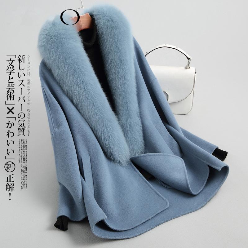 

Autumn Winter Women Big Fur Collar Real Wool Female Double-side Woolen Coat Vintage Jacket X2412000DMP8101MY1902, Blue