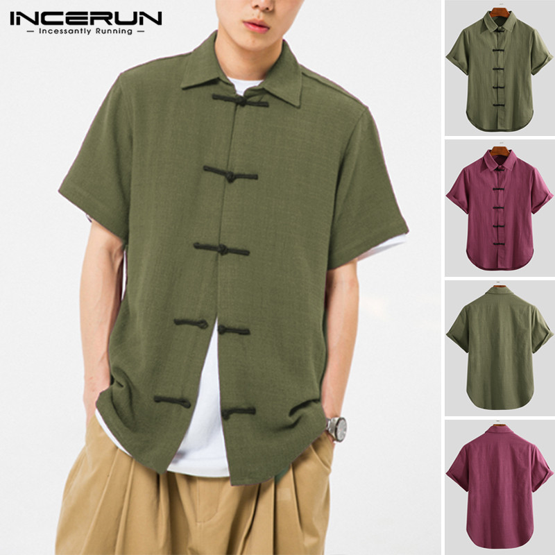

2020 Summer Men Cotton Shirts Short Sleeve Buttons Elegant Shirt Casual Vintage Patchwork Turn-down Collar Camisa INCERUN, Army green
