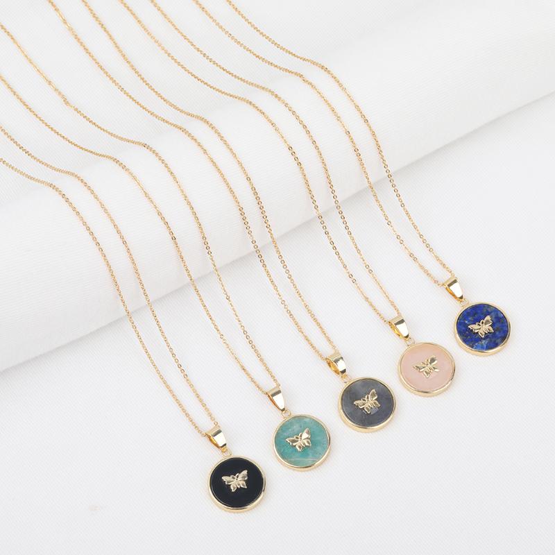 

Chains 5Pcs/Lot Natural Roses Quartz Amazonite Labradorite Paved Butterfly Charm Round Pendant Gold Necklace Handmade Jewelry