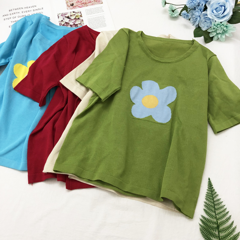 

Women O-neck Knitted Short Sleeve Solid Thin T-shirts Girls Knitting Large Elastic Loose Tshirt Tees Tops FL1369, Blue