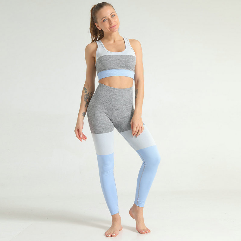 

2PCS Seamless Patchwork Sport Yoga Suits Vest-type Bra+Tummy Control Sport Gym Leggings Workout Fitness Sets Activewear Yoga Set, Blue