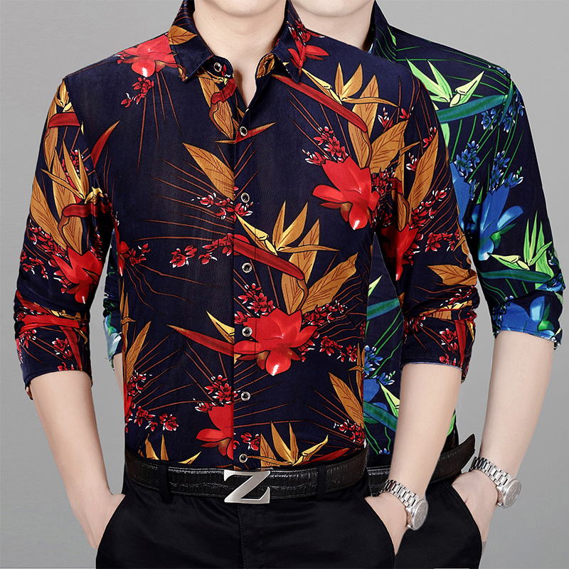 

New 2020 autumn mens flowers printing dress shirts long sleeve casual male floral clothes free shipping, Blue