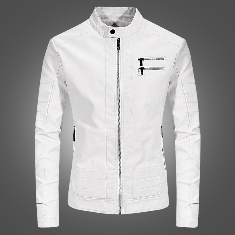 

Faux Leather Jacket Men's White Fashion Slim Mens Locomotive PU Leather Youth Korean Slim Leather Jacket Men Tide, Black