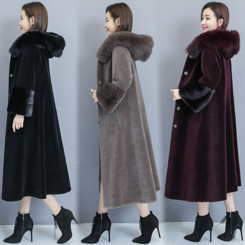 

Real shot sheep sheared coat female 2019 new winter hooded one mother fur coat long, Black