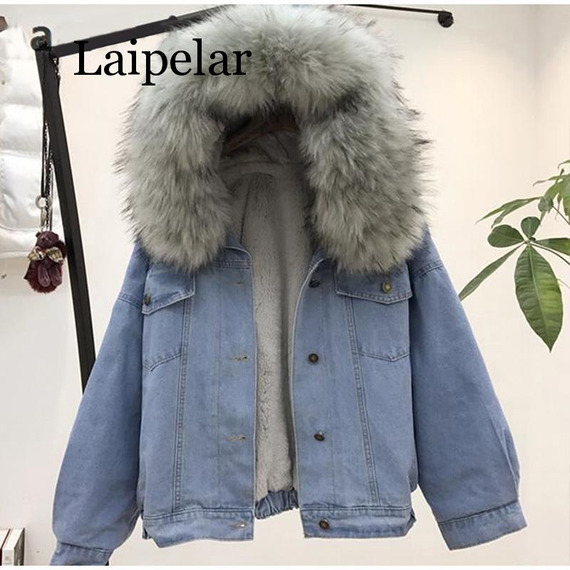 

Women Jean Jacket Winter Thick Jean Jacket Faux Fur Collar Fleece Hooded Denim Coat Female Warm Denim Outwea, Gray