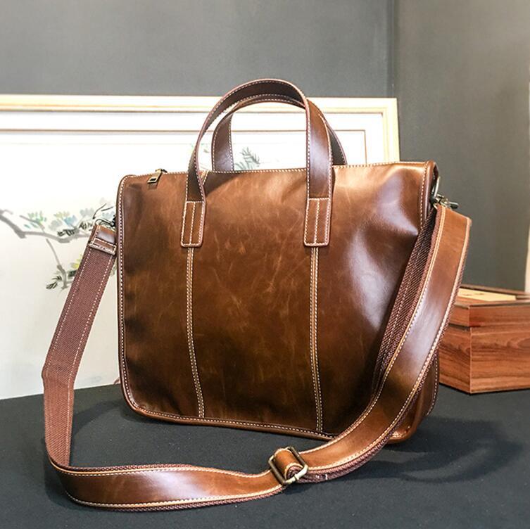 

Factory wholesale men bag retro crazy horse leather mens handbag horizontal stitching decorative business briefcase leisure computer, Coffee