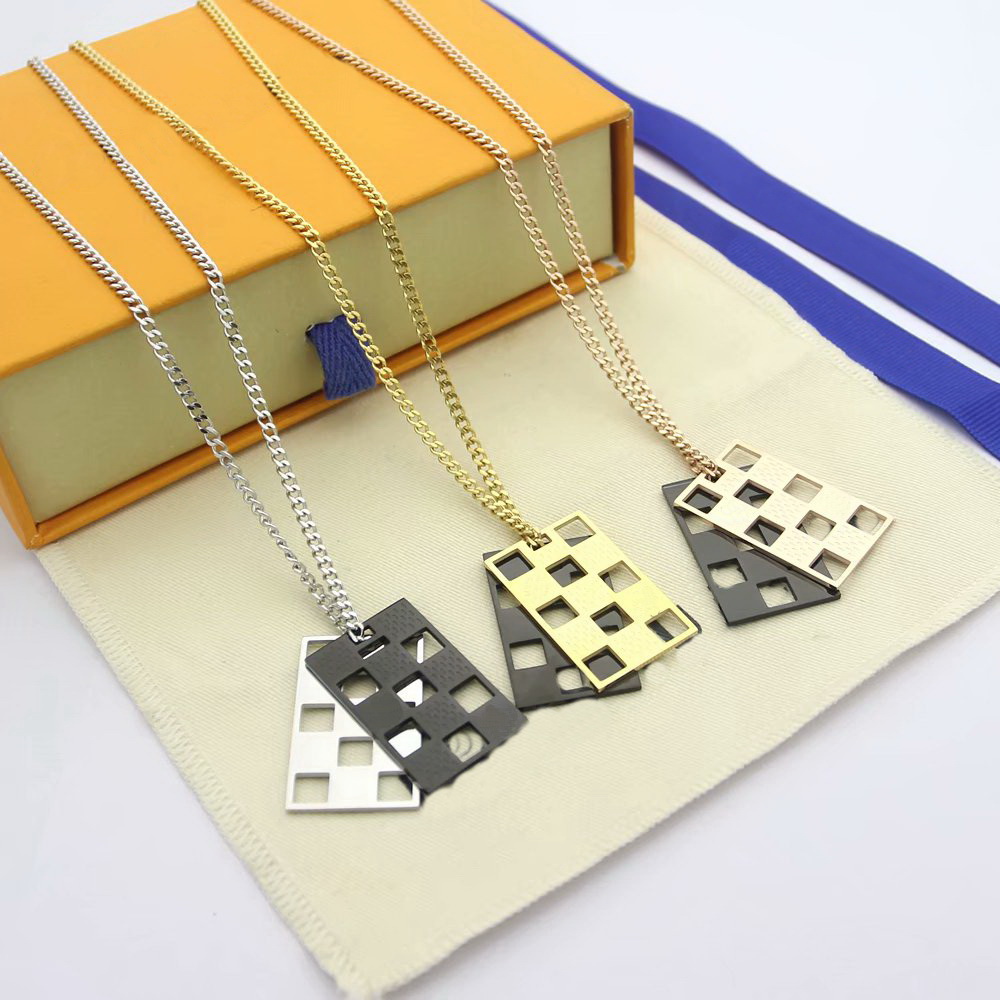 

Europe America Style Men Lady Women Titanium steel Lovers Long Necklace With Engraved V Initials Plaid Hollow Our Double Color Square Charms
