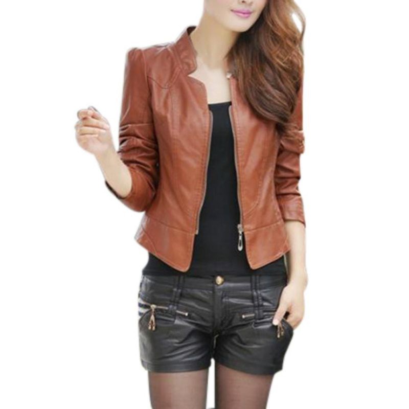

2019 New women Ladies slim Simple PU Leather motor jacket coat Feminina casual zipper long sleeve short motorcycle jaquetaYF406, Black