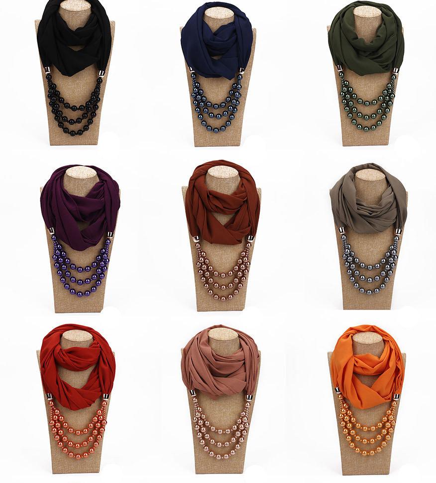 

Ethnic National Pendant Scarves 2019 Brand New Fashion Woman Spring and Autumn High Quality Imitation Pearl Plain Chiffon Wraps LSF086