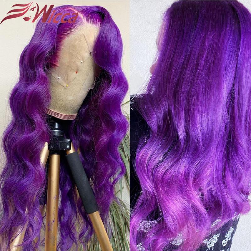 

Wicca 13x6 Lace Front 180 Density Human Hair Wigs Wavy Full 360 Lace Frontal Wig Pre Plucked Wave Short Bob Purple Hair, 13x4 lace front