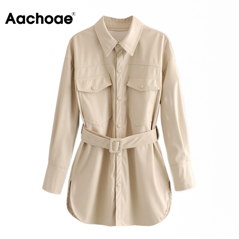 

Aachoae Women Solid PU Leather Jacket Pockets Sashes Decorate Coat Female Turn Down Collar Ladies Tops Outerwear Chaqueta Mujer, Beige
