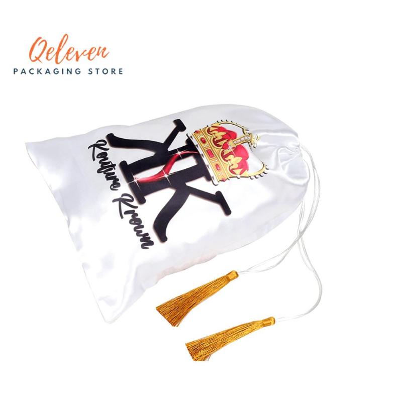

Custom Shop Name Virgin Hair Bundles Extension Packaging Bags, Customized Luxuary Tassel Silk Satin Bags For Hair Packaging