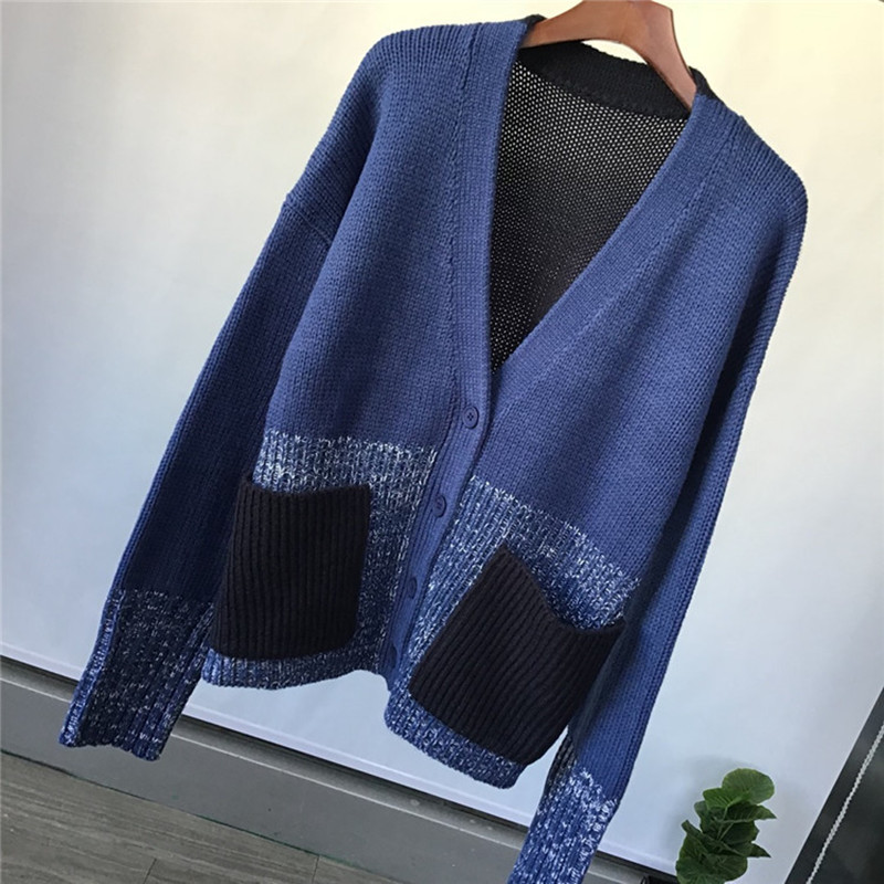 

2020 Women Knitted Sweater Cardigan Coat Patchwork Color Ladies Single-breasted Bouble Pockets Knitwear Female Outwear Top, As picture shows