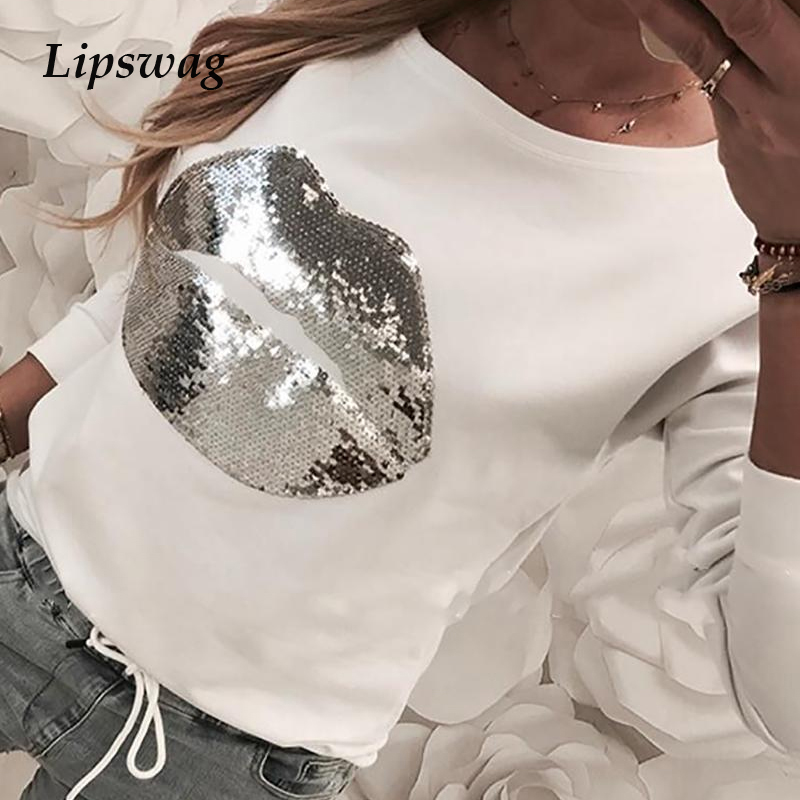 

Women Sequins Print Blouse Casual Lips Autumn Winter Long Sleeve Beading Top Shirt Ladies Fashion O-Neck Loose Pullover Blusa, Beading white