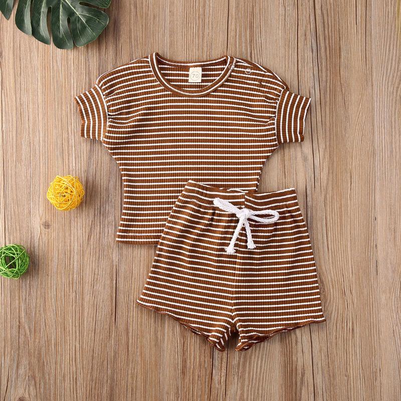 

2020 Summer Striped 0-4Y Kids Baby Clothing Boys Girls Short Sleeve T-shirt Tops+Shorts 2pcs Soft Cotton Loose Outfits Set, Brown