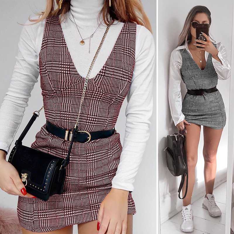 

High Quality Women Sexy Mini Dress V Neck Plaid Sleeveless Tank Shirt Pencil Dress Summer Spring Autumn Hip Hop Girl Clothes, Black