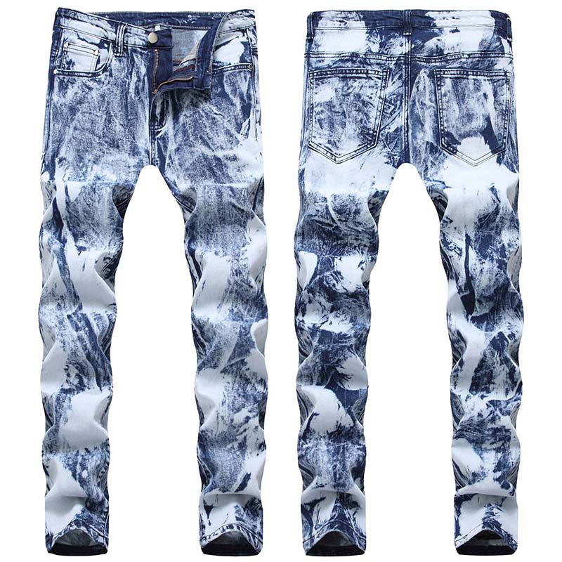 

New Men Casual jeans denim Washed Colorful Bleached Ripped jeans Tie Dye Pencil pants Elastic Mid Waist high quality, T-hq22012