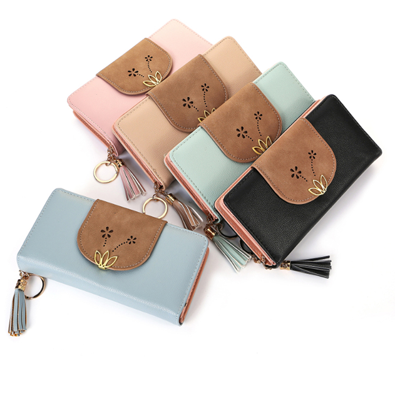 

New Style Women Tassel Print Wallets Long Multi-card Position Button Bag Hand Zipper Phone Bag Womens Wallets And Purses, Black