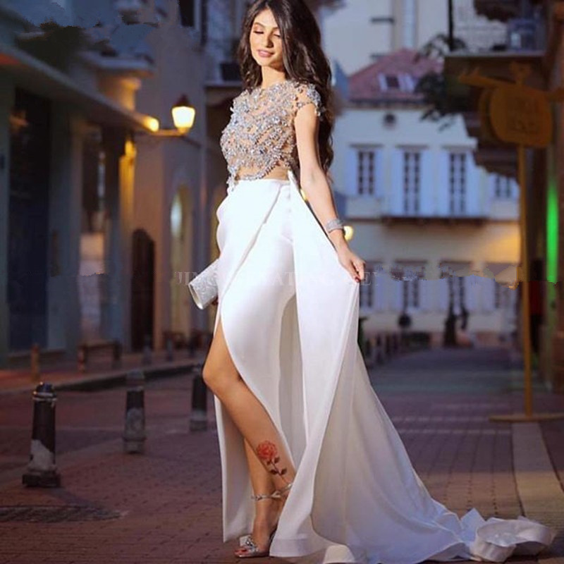 

Stylish Crystals Mermaid Prom Dresses Jewel Neck Beaded Front Split Evening Gowns Plus Size Sweep Train Overskirt Formal Dress, Same as image