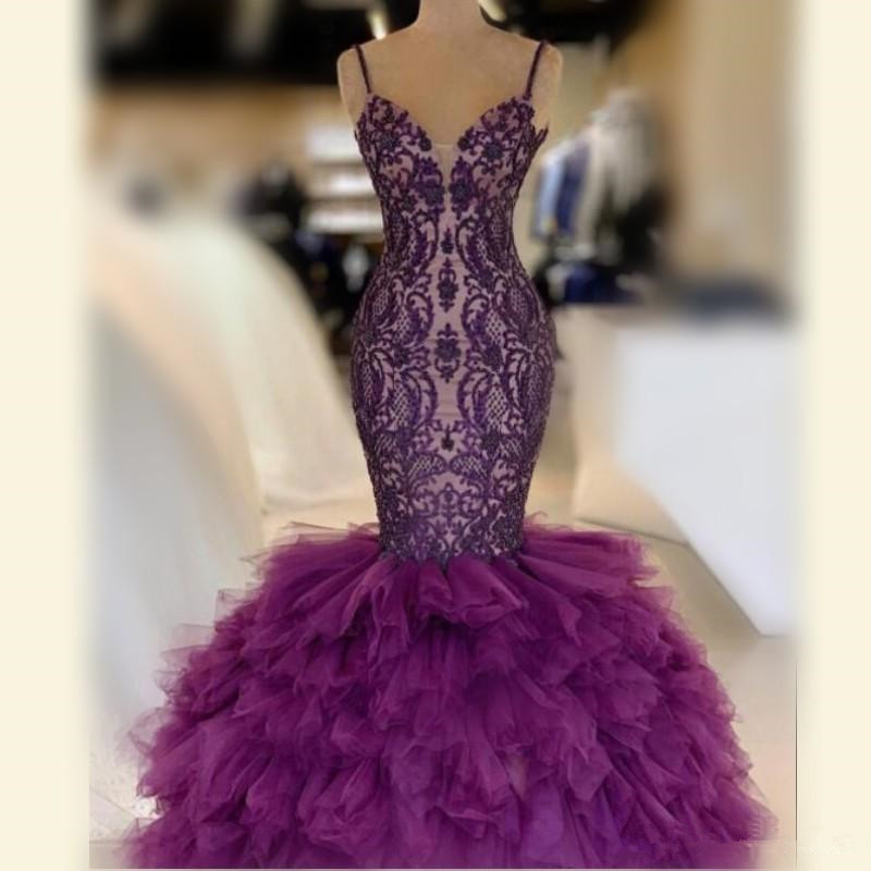 

Purple Mermaid Prom Dresses With Spaghetti Straps Tiered Skirt Tulle And Lace Celebrity Evening Dress Floor Length Sexy 2K19 Party Gowns, Hunter green