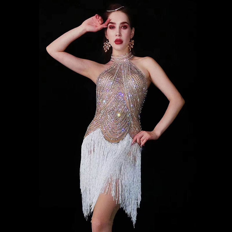 

Flashing Rhinestones Chains Dress Women's Birthday Celebrate White Fringes Outfit Dancer Clothes Bar Prom Dresses Lady DJ1935, As picture