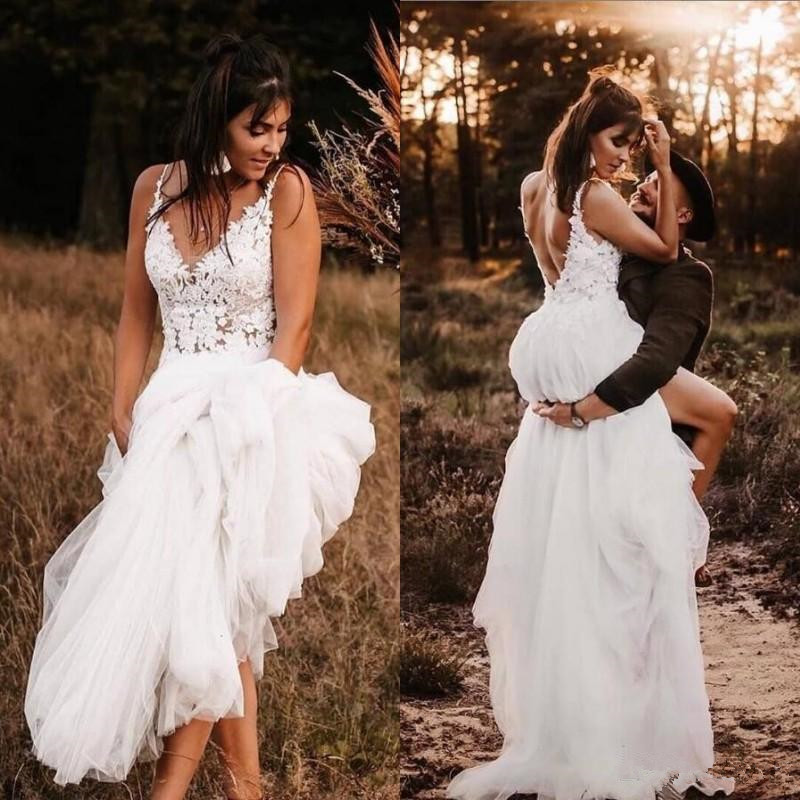 

2020 Summer Boho Wedding Dresses V Neck Lace Sexy Open Back Wedding Gowns A Line Tulle Cheap Bride Dress, Royal blue
