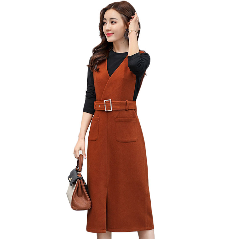 

Autumn Winter Women Woolen Vest Dress Long Elegant Ladies Vest Dress Streetwear V-neck sleeveless Female Dresses Matching Belt, Coffee