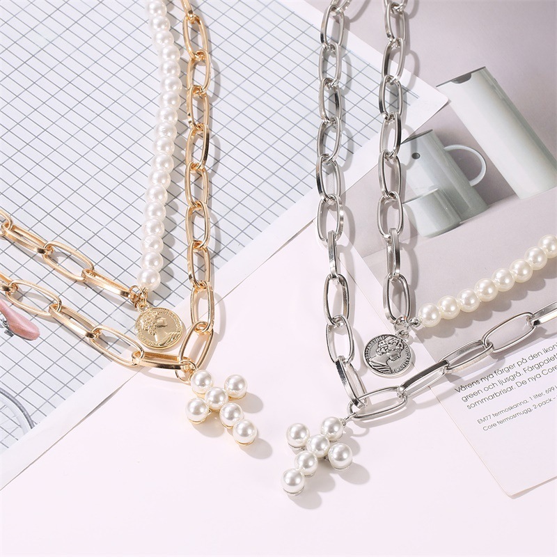 

Necklace Chain Women Artificial Pearl Necklaces Jewelry Ladies Unisex Cross Pendant Silver Color Hyperbole Party Alloy Naszyjnik