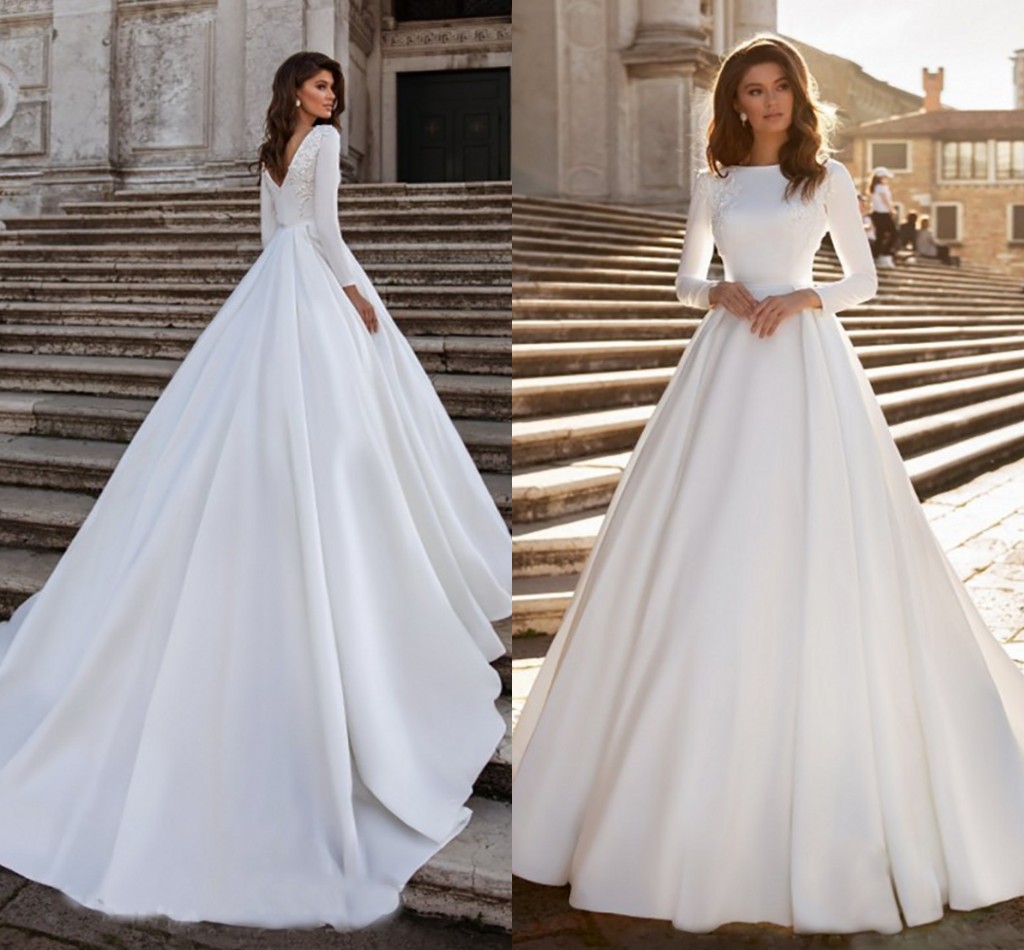 

New A-line Wedding Dress Ivory Satin Wedding Gowns Elegant Long Sleeve Bride Dresses Abito Da Sposa 2022 vestidos de noiva