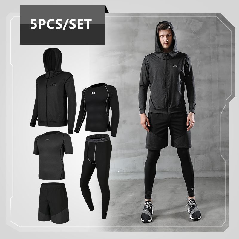 

Quick Dry 5 Pcs/Set Men's Running Compression Sports Suit Gym Fitness Tracksuit Clothes Running Jogging SportWear Workout Tights, Brown