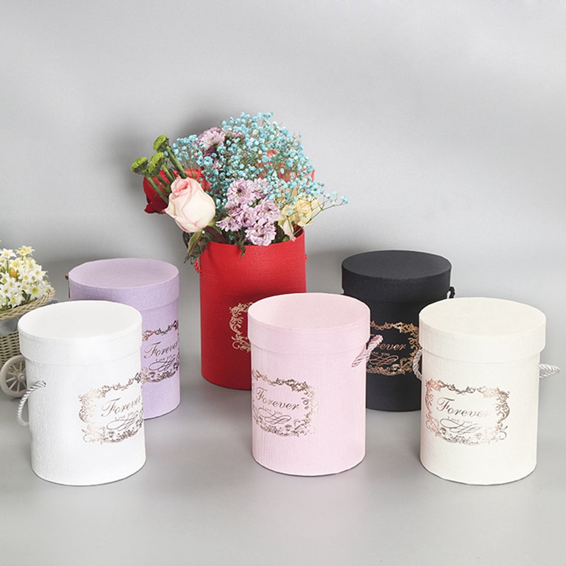 

6 colors Round Flower Paper Boxes With Lid and rope Hug Bucket Florist Gift Packaging Box Candy Bar Boxes Party Wedding Supplies
