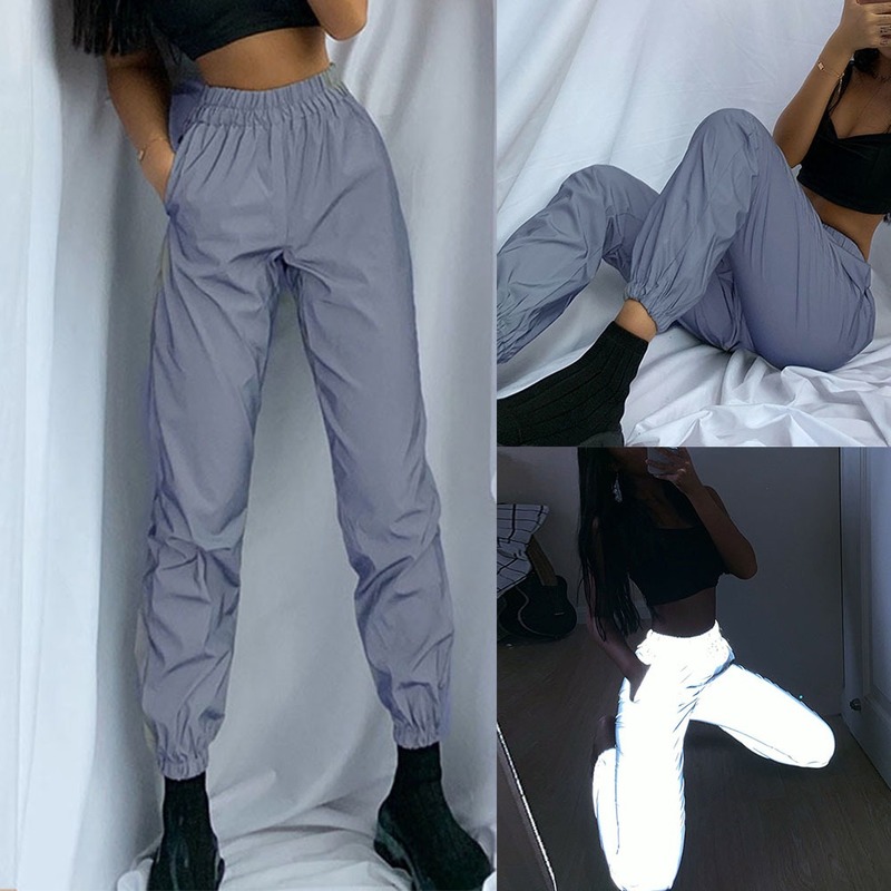 

February Brand Designer Women Sweatpant flash Reflective Pants Joggers Hip Hop Night Jogger Baggy Trousers Plus Size odblaskowe spodnie, Gray
