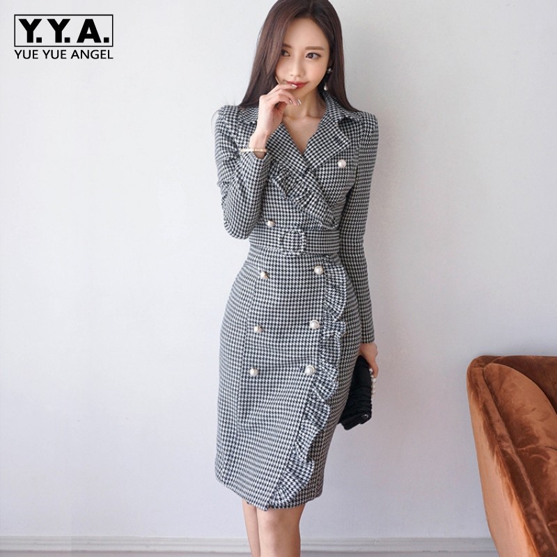 

Work Dresses Sexy Ruffles Womens Long Sleeve Double Breasted Office Lady Dress Suits Female Woolen Korean Style Elegant Woman Slim Fit