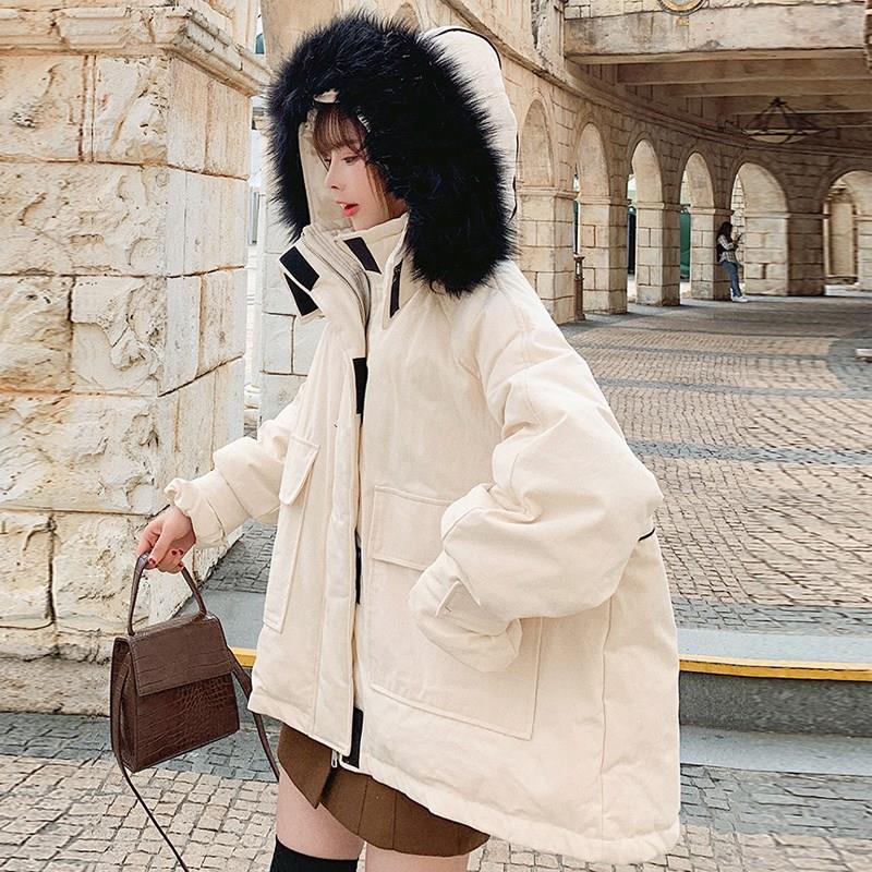 

2019 Winter Fur Collar Down Padded Jacket Pockets Women Hooded Thick Warm Down Padded Coat Solid Snow Outwear Jacket, Beige