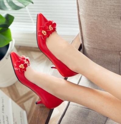

2019 Flower Women's shoes in Spring and Autumn with New style Middle heel fine heel pointed end @22, Pink