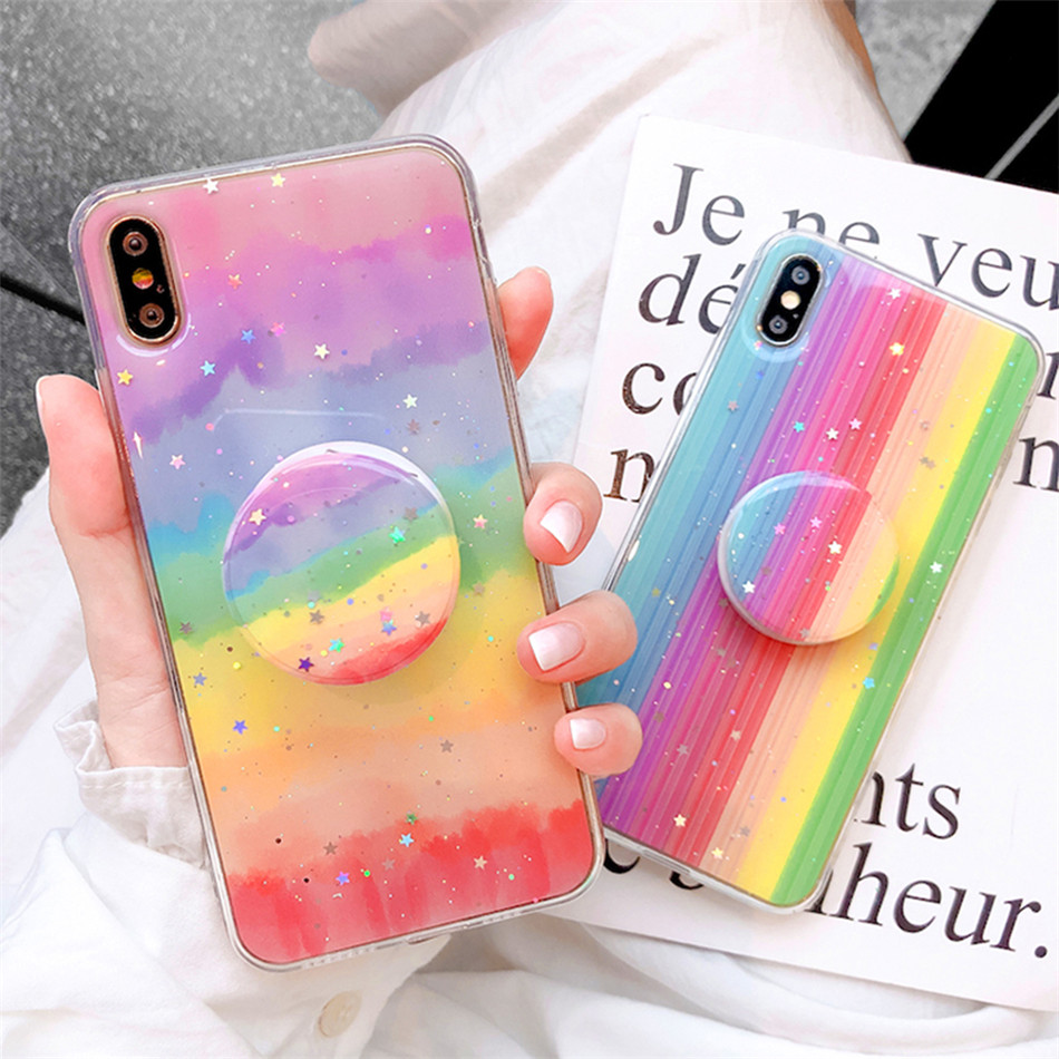Glitter Rainbow Phone Case till iPhone XR XS Max 11Pro 6s 7 8 Plus Candy Färgstativhållare TPU Fullständig kroppsskydd
