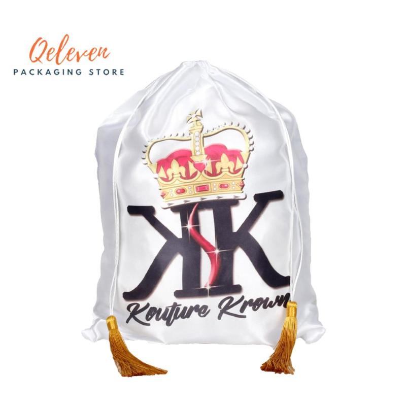 

Custom Shop Name Women Virgin Hair Extensions Packaging Satin Silk Bags With Tassels, Gift Packing Drawstring Bags