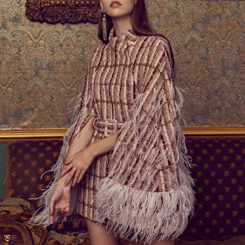 

Runway Women' Coats Tweed Jacket Patchwork Feathers Diamonds Plaid Turtleneck Cloak Sleeve High Waist Embellished Clothes, As picture