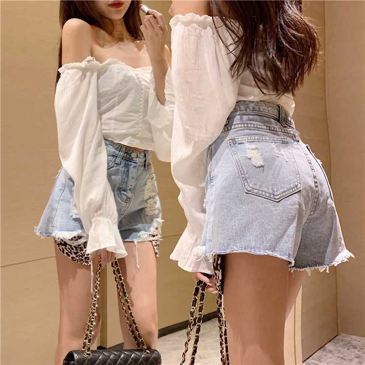 

Jeans Shorts Women High Waist Wide-leg Leopard Patchwork Hot Pants Pockets Casual Female Denim Shorts New Fashion, Light blue