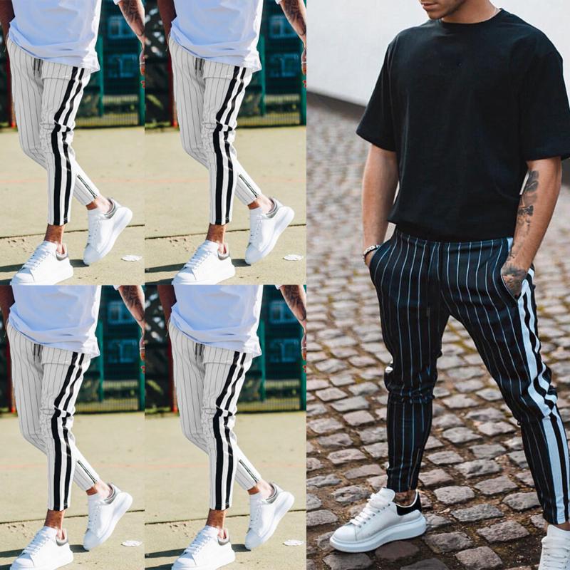 

Fashion Men England Style Striped Pants Male New Long Pencil Joggers Pants Casual Trousers Drawstring Side Stripe Slacks 2020, Black