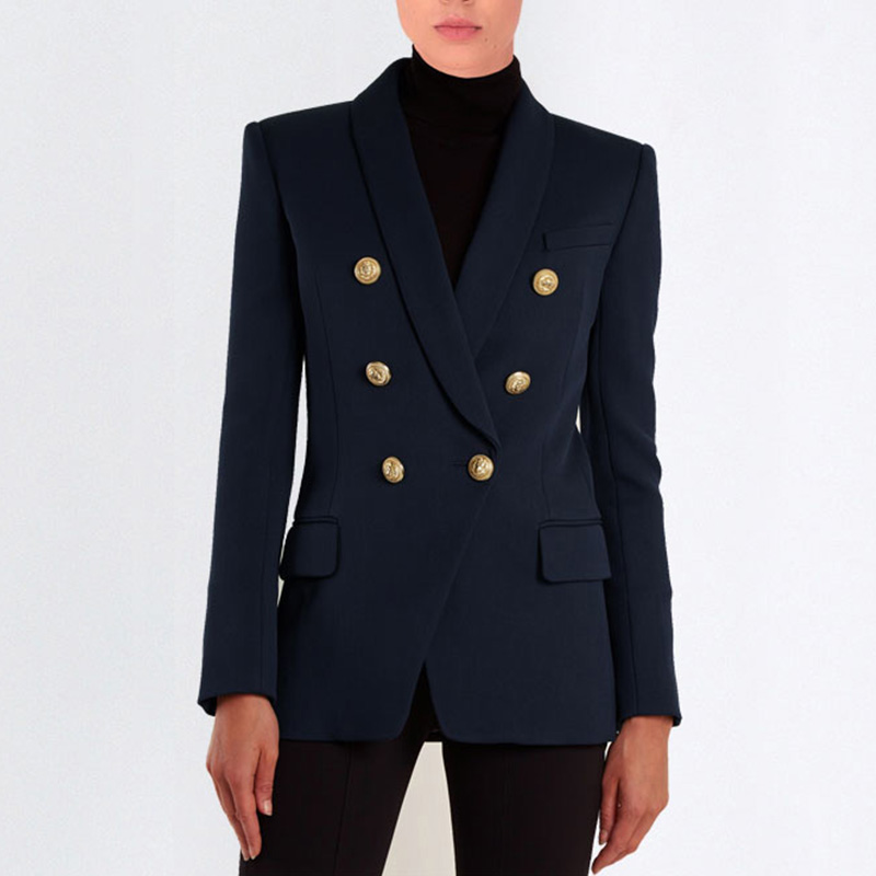 

HarleyFashion Spring Fall Design Elegant Women Classic Casual Shawl Collar Solid Blazer Fitness Navy Jakcet Buttons Blazers, Navy blue