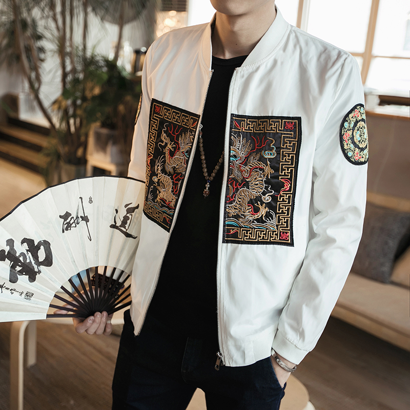 

Spring Bomber Jacket Men Women 2018 Chinese Style Qing Dynasty Dragon Robe Embroidery Mens Jackets and Coats Casual Windbreaker M, White